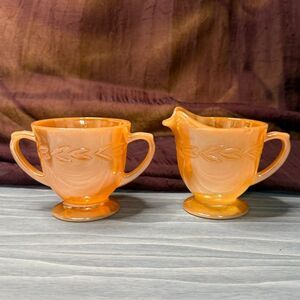 Vintage Fire-King Peach Lustre Sugar & Creamer Set – 1950s Laurel Leaf